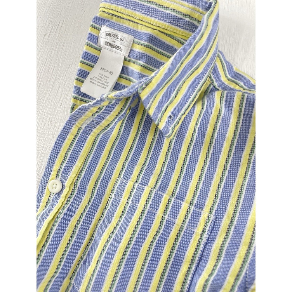 Gymboree Boys Blue Chambray Yellow Striped Long Sleeve Dress Shirt Size M 7/8